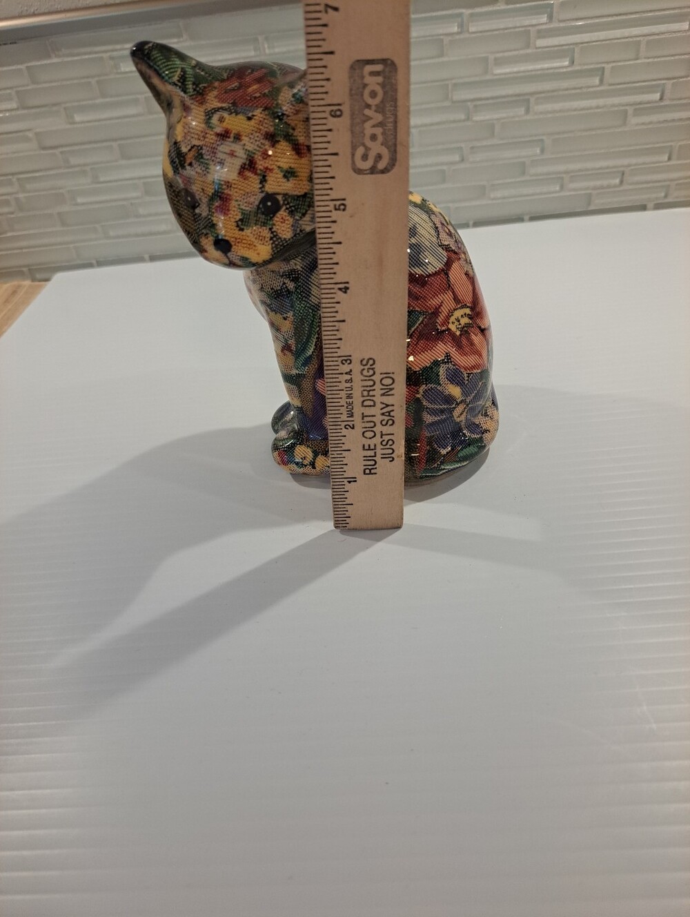 Vtg Decoupage Ceramic Cat Figurine Floral Patchwork Design 6.75" Tall Folk Art - Picture 6 of 7